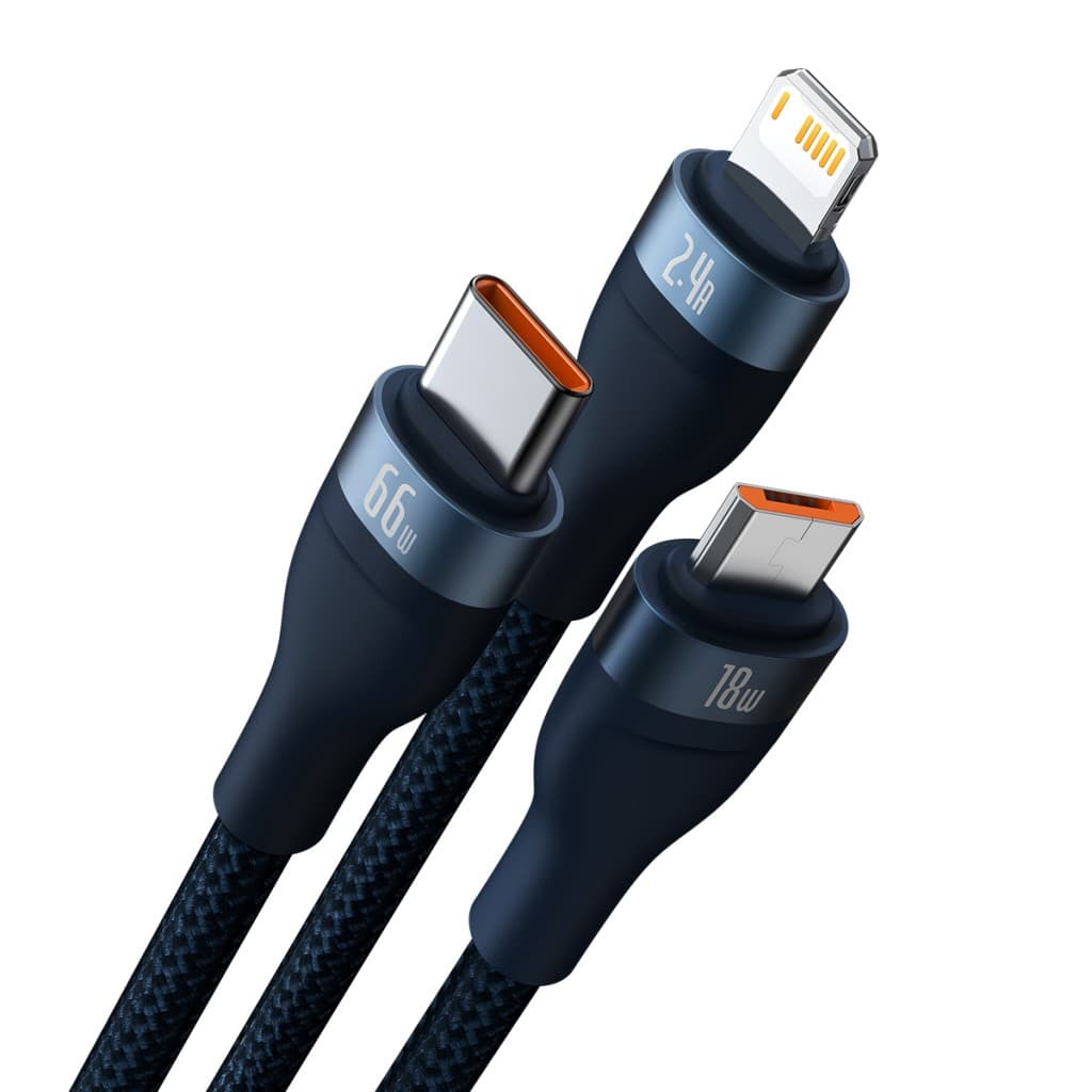 Kabel Baseus Flash Series II 3 v 1 - USB Type C, Lightning, Micro USB - 66W 6A 1,2 metru (CASS040003) modrý - náhled 2