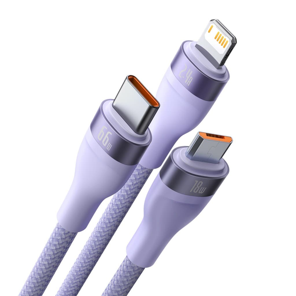 Kabel Baseus Flash Series II 3 v 1 - USB Type C, Lightning, Micro USB - 66W 6A 1,2 metru (CASS040005) fialový - náhled 2