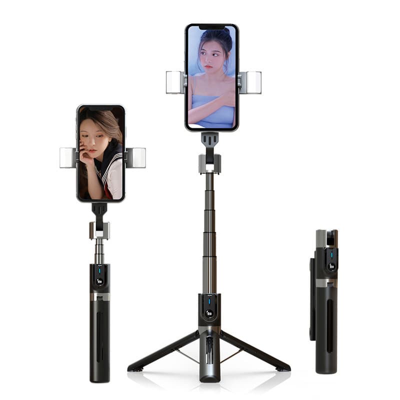 Bluetooth selfie tyč P96D-2 se stativem a 2 LED světly černá - náhled 2