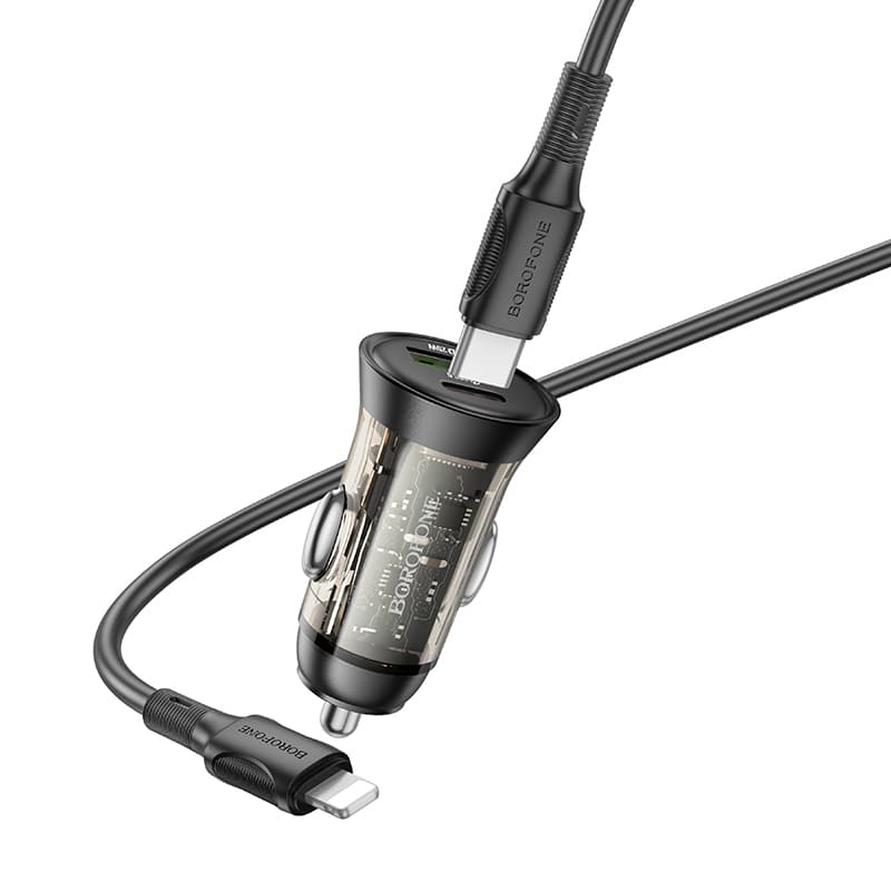 Rychlonabíječka do auta Borofone BZ26A vč. datového kabelu Lightning Dual 43W průhledná-černá - náhled 2