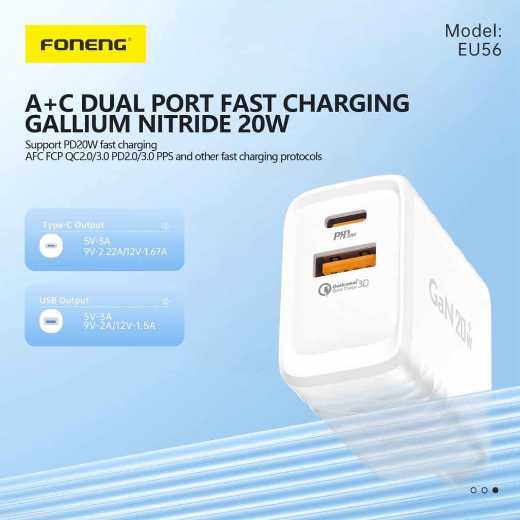 Adaptér Foneng EU56 GaN s funkcí rychlonabíjení Dual 20W bílý - náhled 2