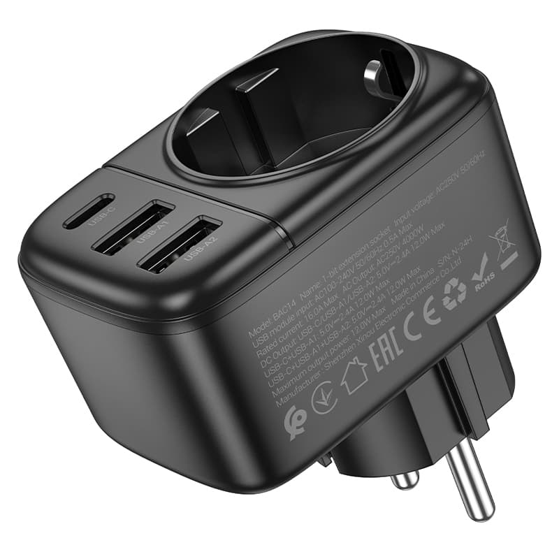 Adaptér Borofone BAC14 Wide 2xUSB + USB-C + zásuvka 12W černý - náhled 2