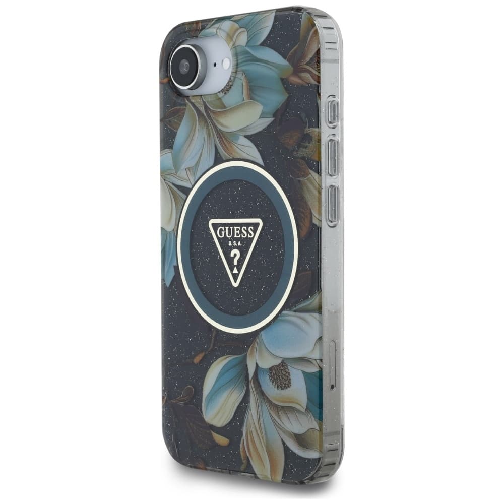 Zadní kryt GUESS IML Metal Glitter Flowers Triangle MagSafe pro iPhone 16e black - náhled 2