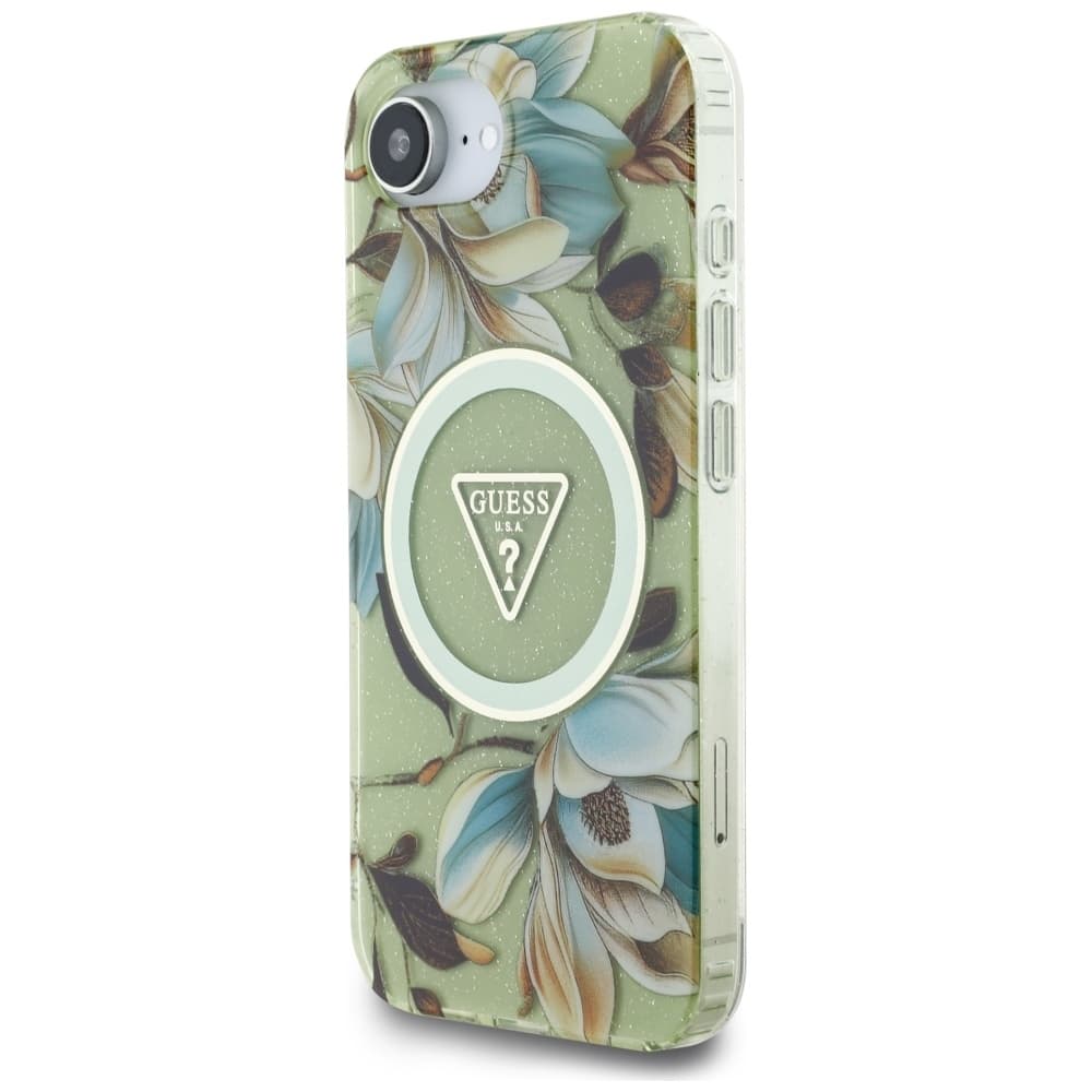 Zadní kryt GUESS IML Metal Glitter Flowers Triangle MagSafe pro iPhone 16e green - náhled 2