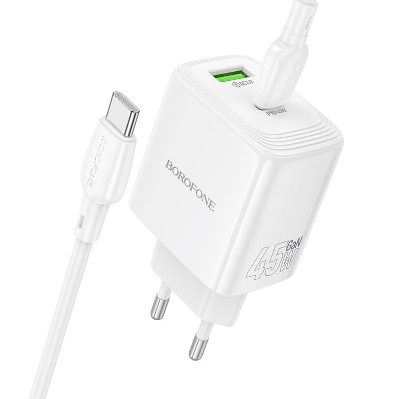 Rychlonabíječka Borofone BN30 Cargador GaN - USB + Type C QC 3.0 PD 45W s kabelem Type C bílá - náhled 2