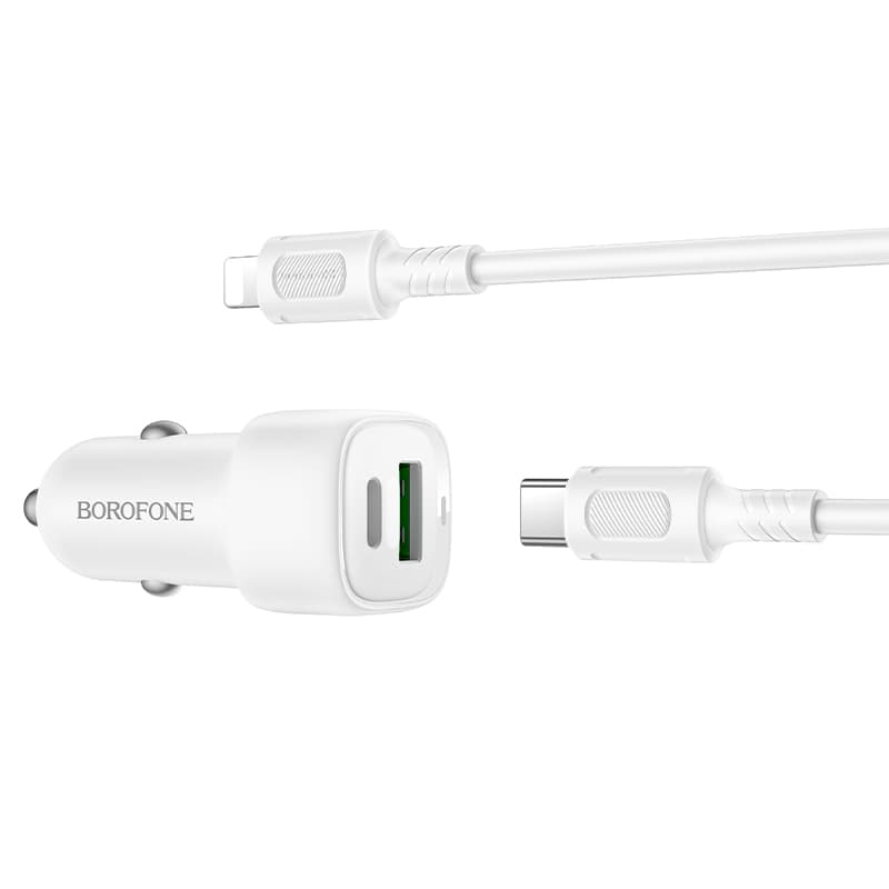 Nabíječka do auta Borofone BZ34B Cloud - USB + Type C - QC 3.0 PD 38W s kabelem Type C - Lightning bílá - náhled 2