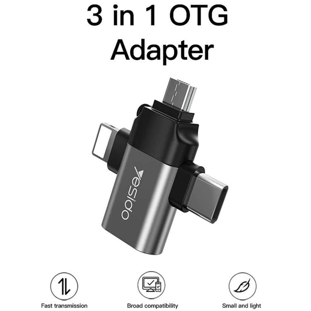 Yesido - OTG Adaptér (GS15) - USB na Lightning, Micro-USB, Type-C, Plug &amp; Play, 480Mbps - Černá - náhled 3