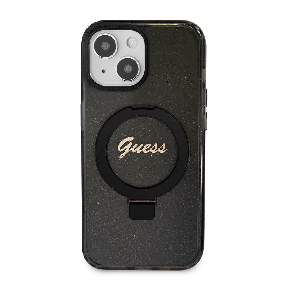 Guess Ring Stand Script Glitter MagSafe iPhone 15 černý - náhled 3
