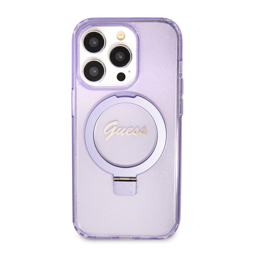 Guess Ring Stand Script Glitter MagSafe iPhone 15 Pro fialová - náhled 3