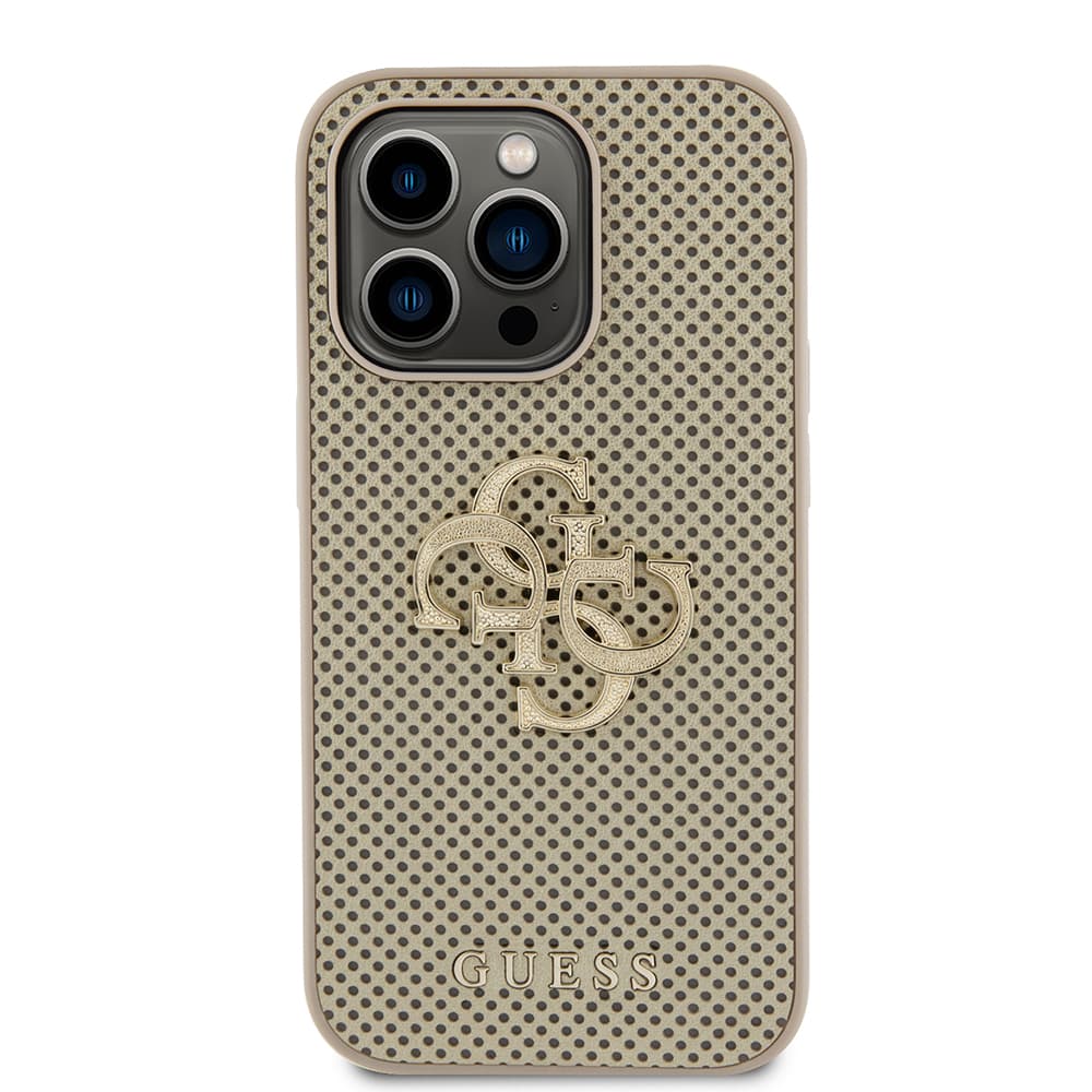 Guess - Kožený Perforovaný 4G iPhone 15 Pro Zlatá - náhled 3