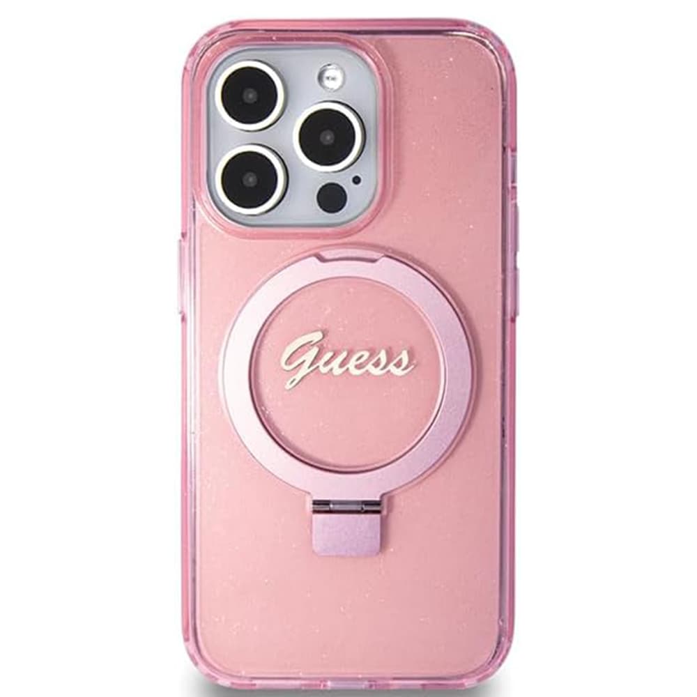 Guess Ring Stand Script Glitter MagSafe iPhone 15 Pro Růžová - náhled 3