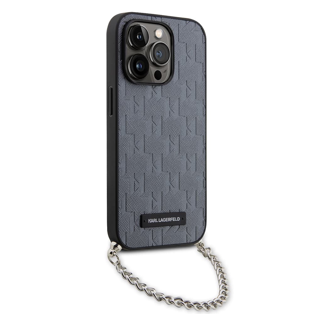 Karl Lagerfeld Saffiano Monogram Chain pro iPhone 14 Pro stříbrná - náhled 3