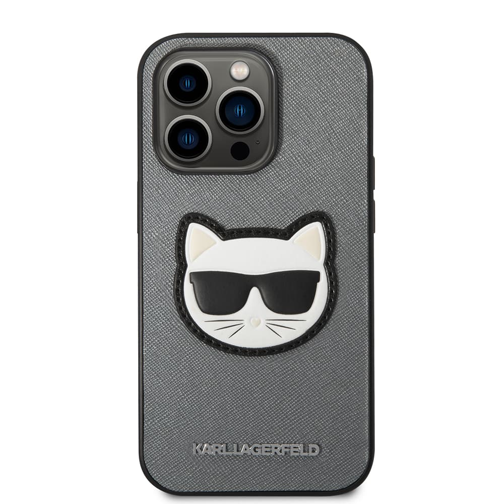 Karl Lagerfeld Saffiano pouzdro iPhone 14 Pro stříbrné Choupette Head - náhled 3