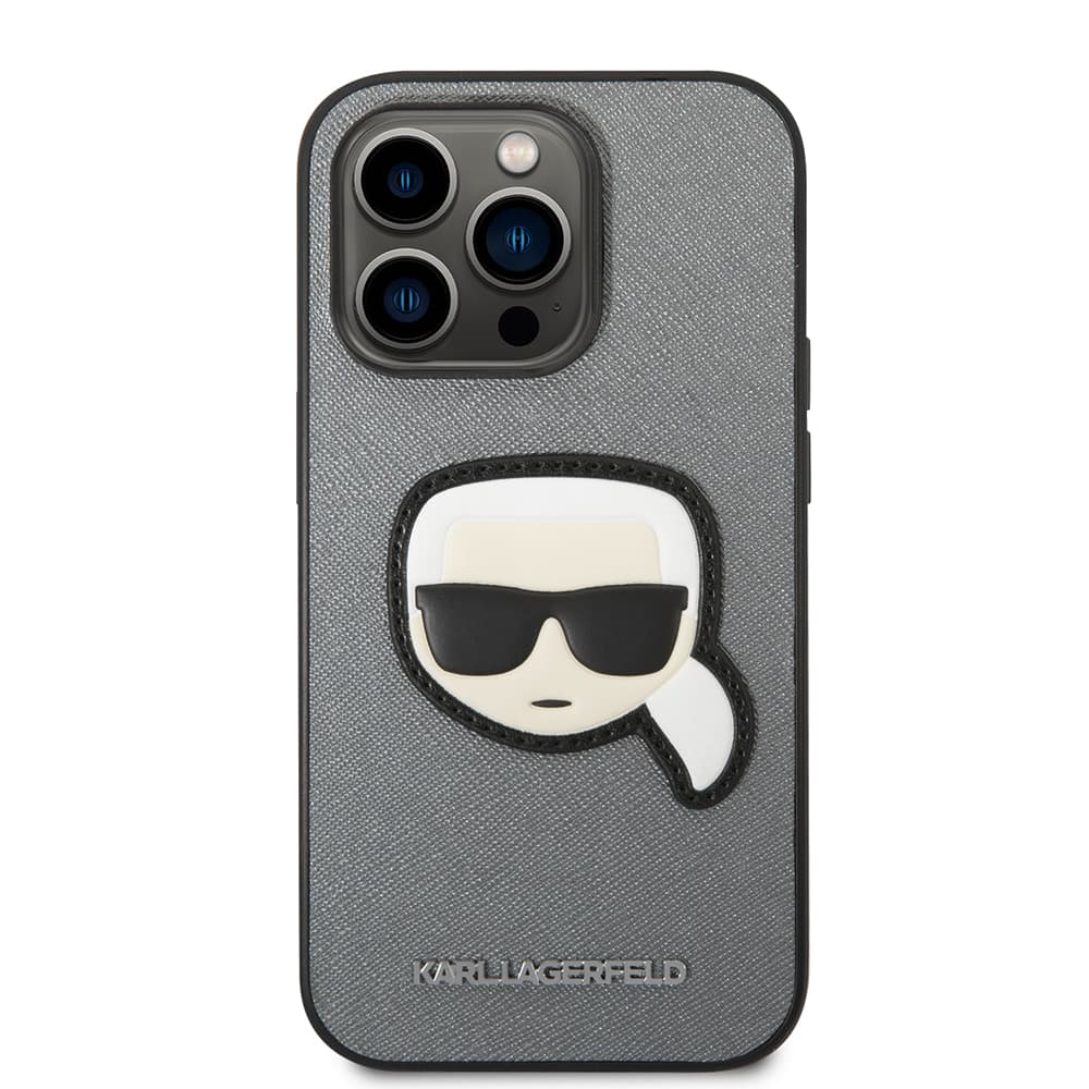 Karl Lagerfeld Saffiano pouzdro iPhone 14 Pro stříbrné Karlova hlava - náhled 3
