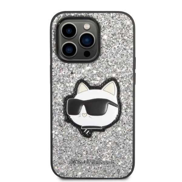 Karl Lagerfeld Hardcase Glitter iPhone 14 Pro Max Stříbrná Choupette Patch - náhled 3