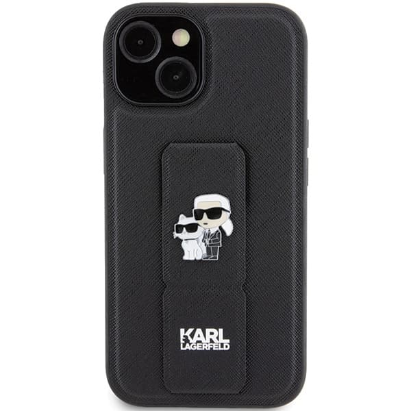 Karl Lagerfeld Saffiano Gripstand iPhone 15 Plus Karl&amp;Choupette Pins růžová - náhled 3