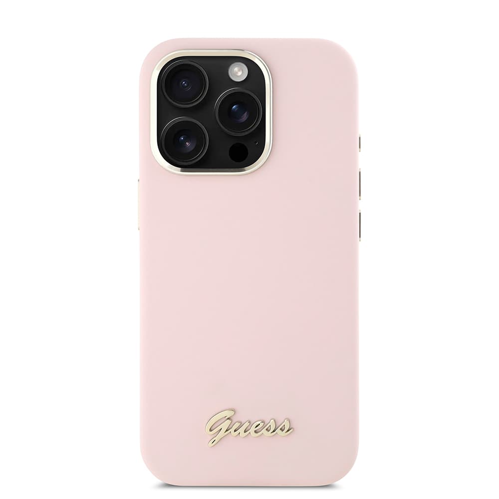 Guess - silikonový kryt s kovovým logem a rámečkem iPhone 16 Pro růžový - náhled 3