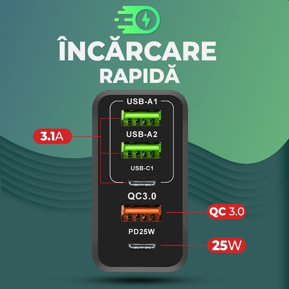 Nabíječka na zeď Techsuit PentaXPower 3x USB 2x Type-C 65W 1m černá - náhled 3