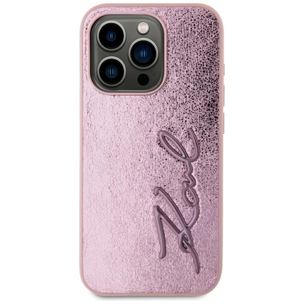 Karl Lagerfeld Hardcase Leather iPhone 15 Pro Růžová Metal Signature - náhled 3
