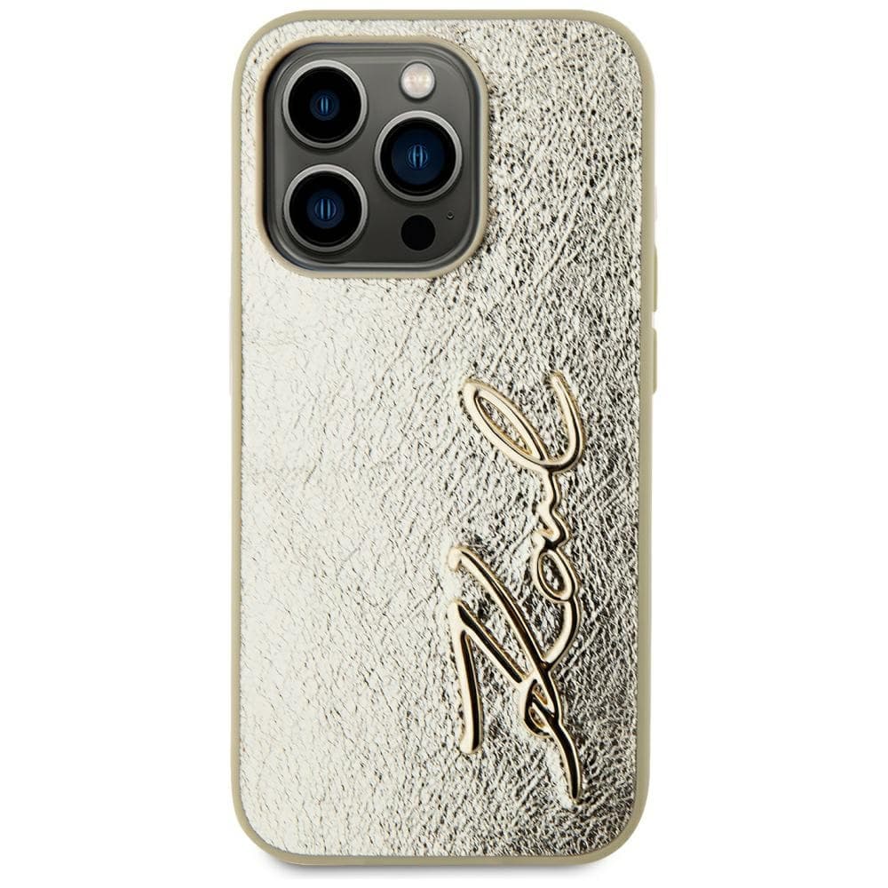Karl Lagerfeld Hardcase Leather iPhone 15 Pro Zlatý Metalický Podpis - náhled 3
