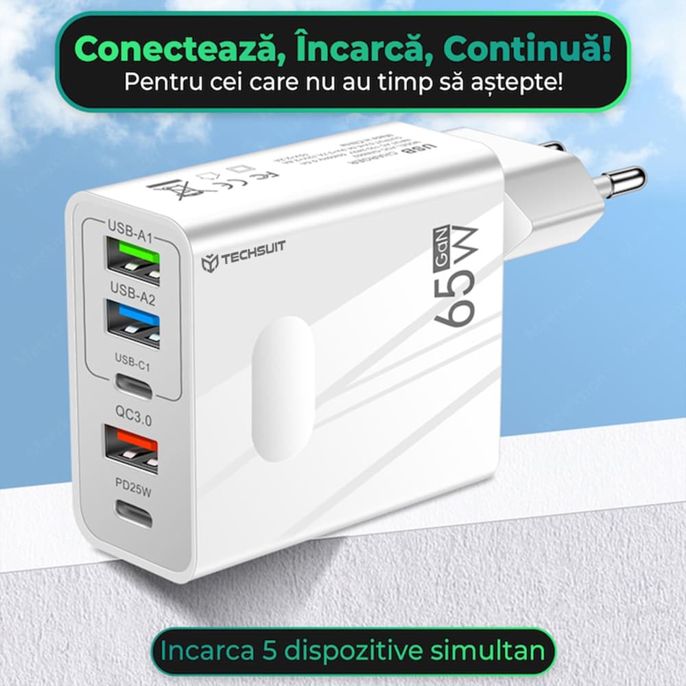 Techsuit Premium Wall Charger PentaXPower 3x USB 2x Type-C 1m bílá - náhled 3