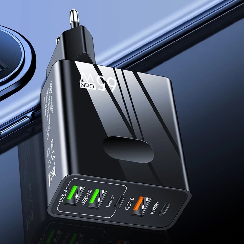 Techsuit Premium Wall Charger PentaXPower 3x USB 2x Type-C PD 25W 65W GaN Rychlé Nabíjení Černá - náhled 3