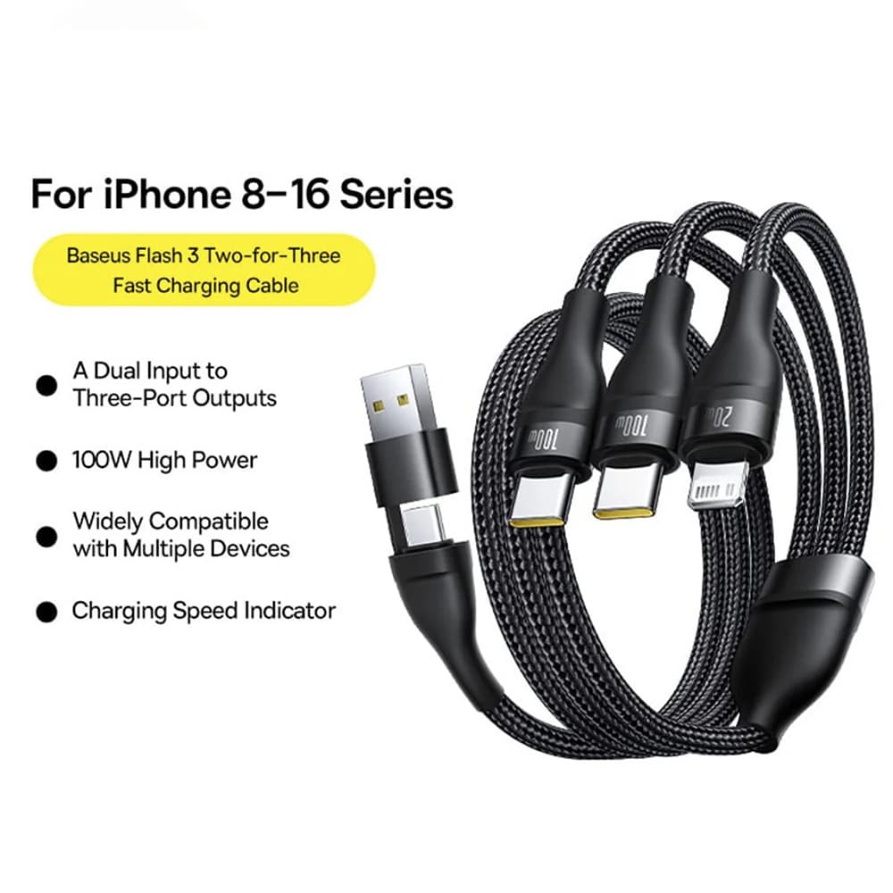 Baseus – datový kabel Flash Series 3 (P10377501111-00) – rychlonabíjení, USB, USB-C na Lightning, 2x USB-C, 100W, 1,5m – černý - náhled 3