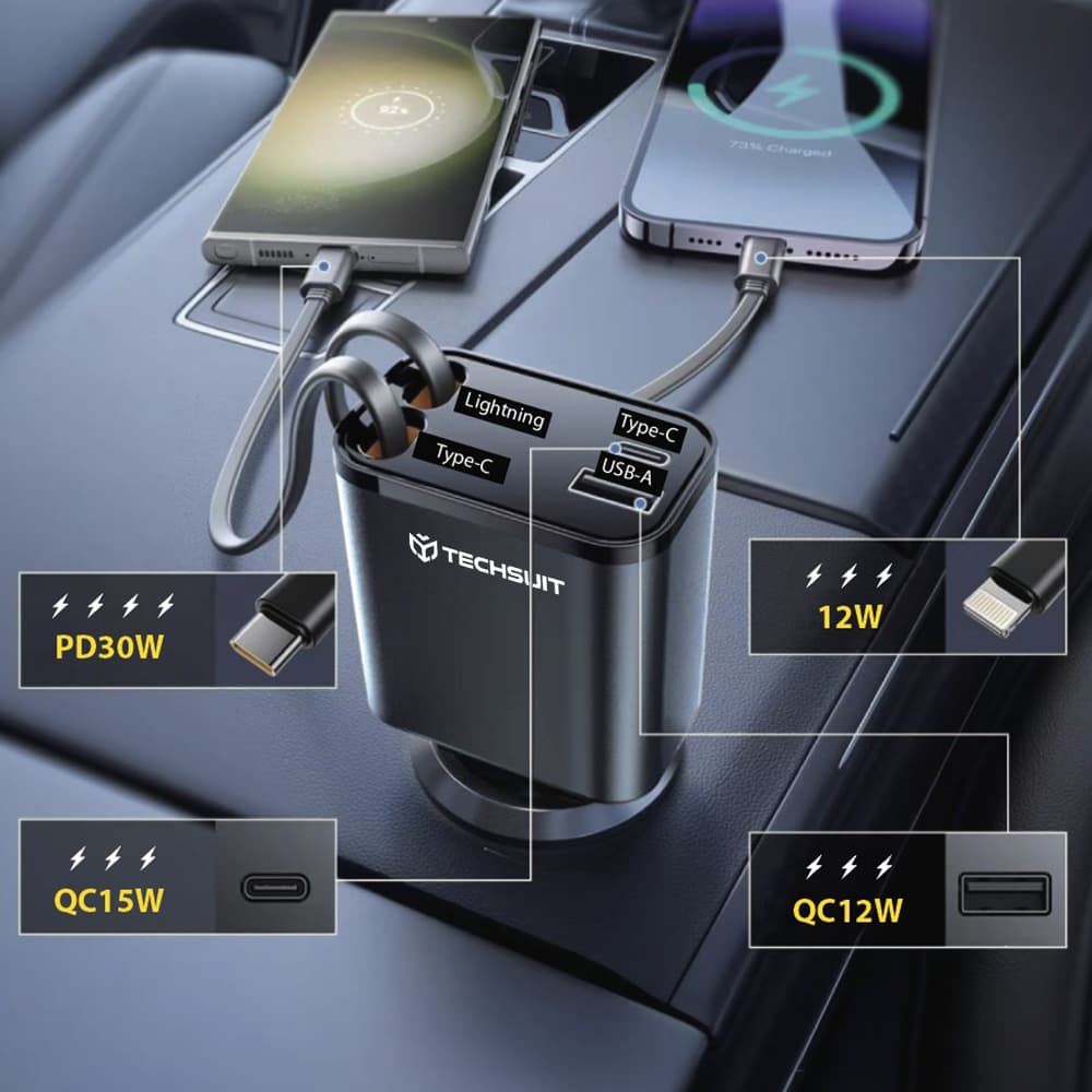 Techsuit Premium Car Charger NanoVoltX C1 s USB-C Lightning kabely šedý - náhled 3