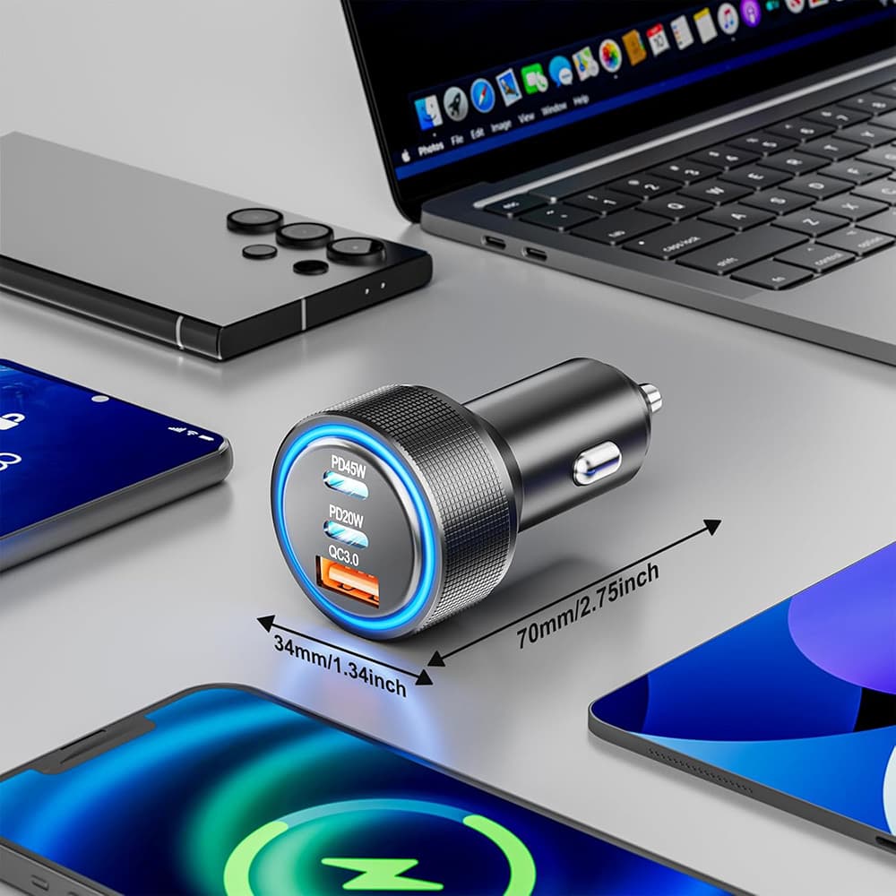 Techsuit Premium Car Charger DriveBoost (C6) rychlonabíječka LED USB 2x Type-C 60W 5V/3A hliníková slitina stříbrná - náhled 3