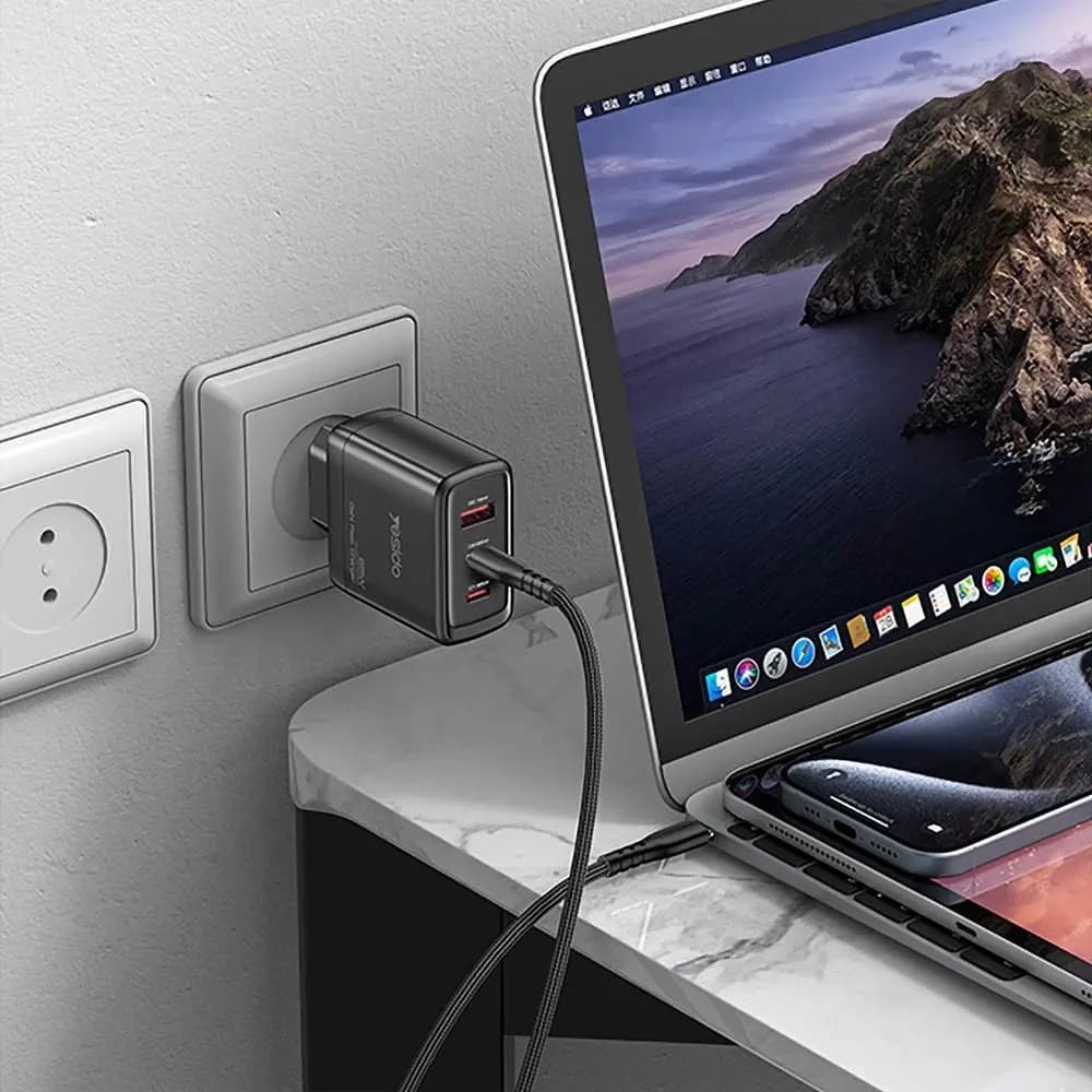 Yesido Wall Charger YC144C GaN Rychlonabíječka pro Telefon Tablet USB 2x Type-C PD65W QC18W USB-C Kabel 1m Černá - náhled 3