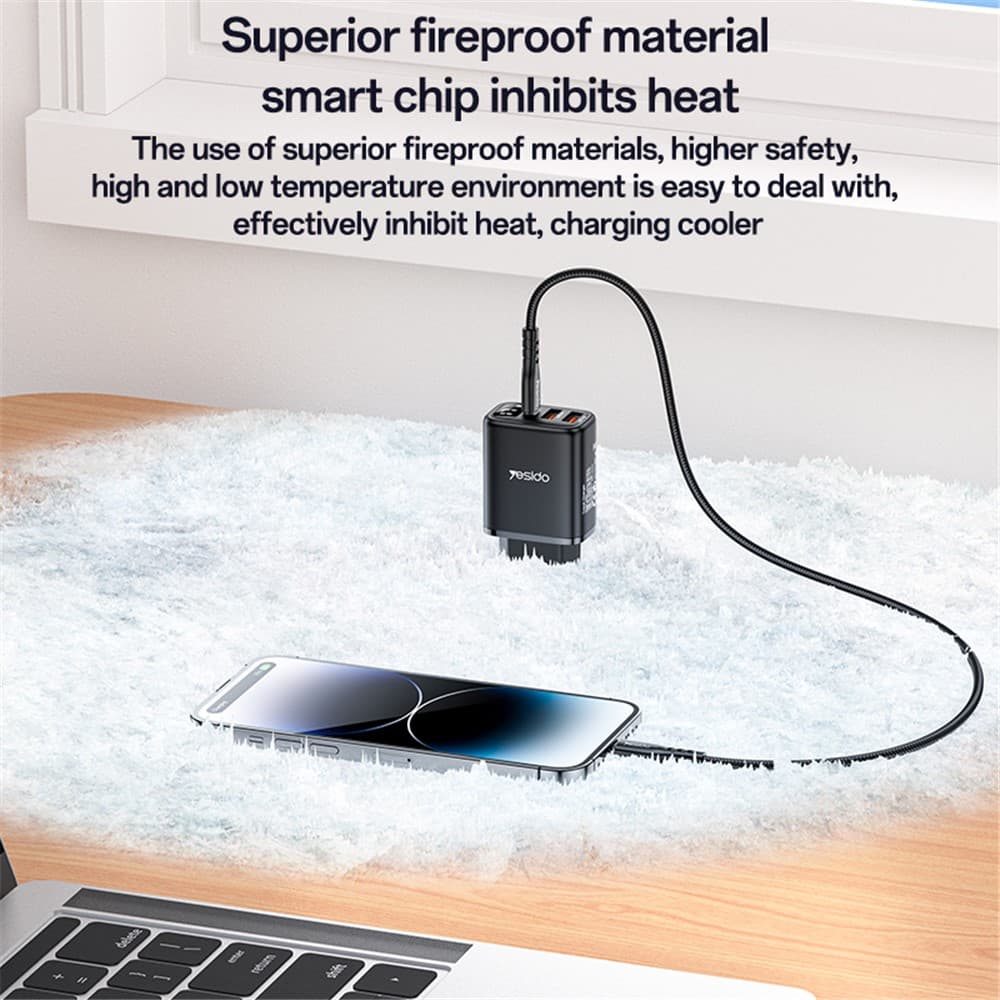 Yesido - nástěnná nabíječka (YC67) - s digitálním displejem, rychlé nabíjení, pro telefon, tablet, 3v1, 2x USB, Type-C, 17W - černá - náhled 3