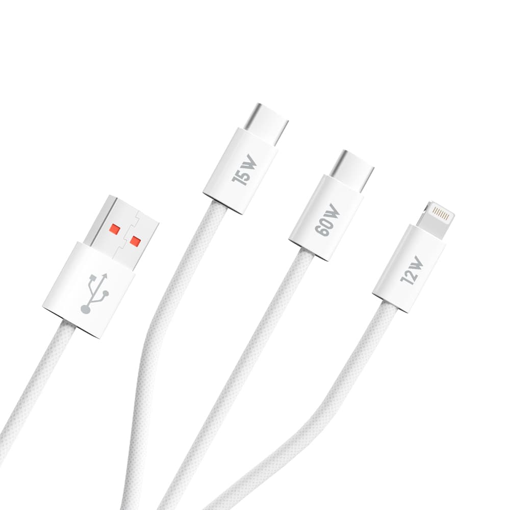 Blueo 3v1 datový kabel USB-A na 2x Type-C Lightning rychlé nabíjení opletený bílý - náhled 3