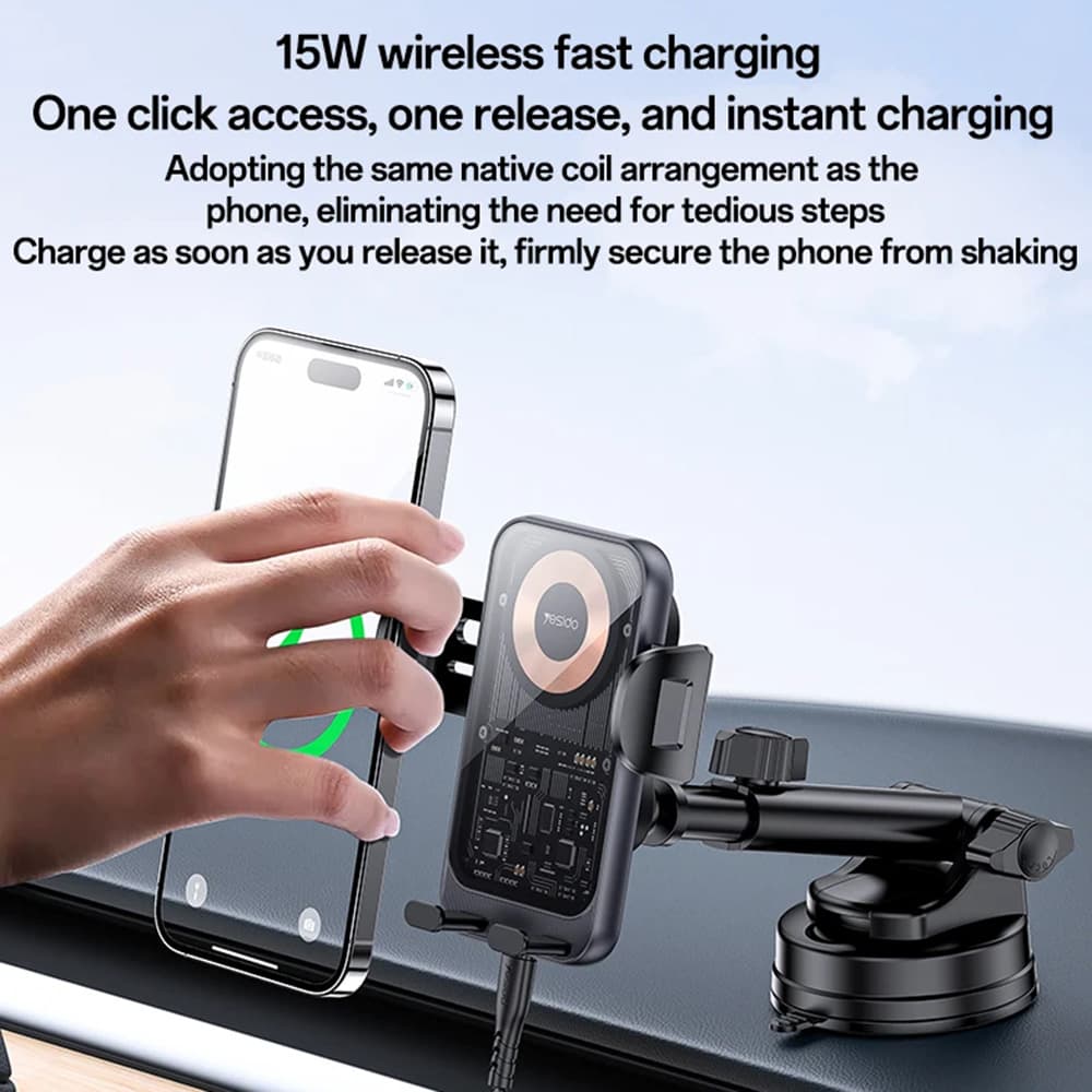 Yesido Car Holder s bezdrátovým nabíjením C307 na palubní desku černý - náhled 3