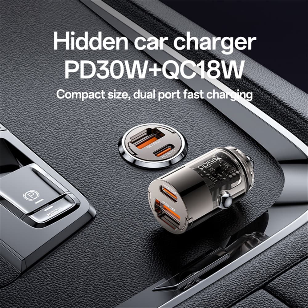 Yesido Hidden Car Charger Y68 Dvouportová USB-A + Type-C PD30W Hliník Rychlé nabíjení Černá - náhled 3