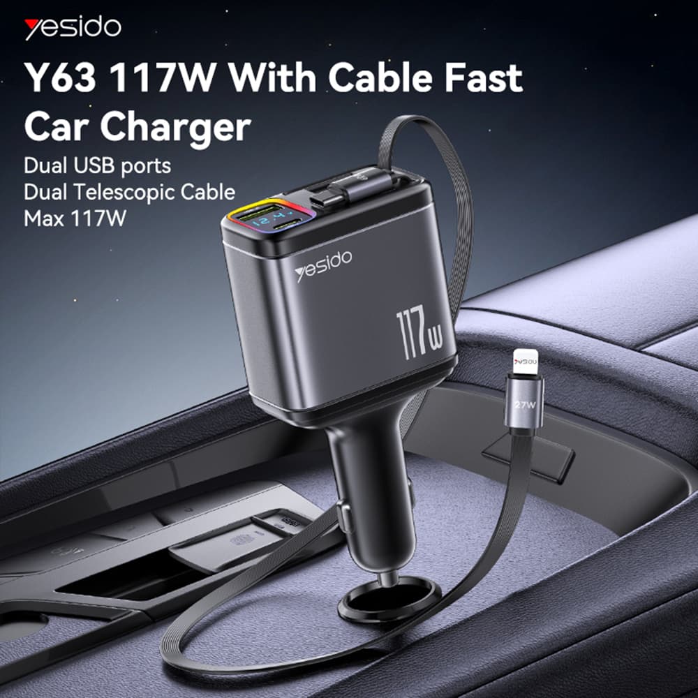 Yesido 4v1 nabíječka do auta Y63 s 2x zatahovacím kabelem LED světlem 117W šedá - náhled 3