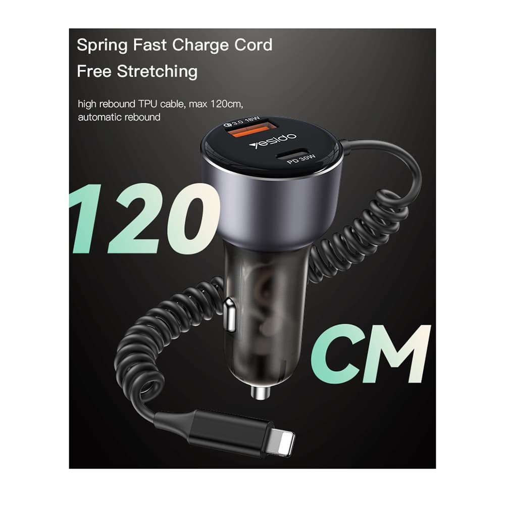 Yesido Car Charger Y57 s Lightning pružným kabelem Type-C USB-A 50W rychlé nabíjení černá - náhled 3