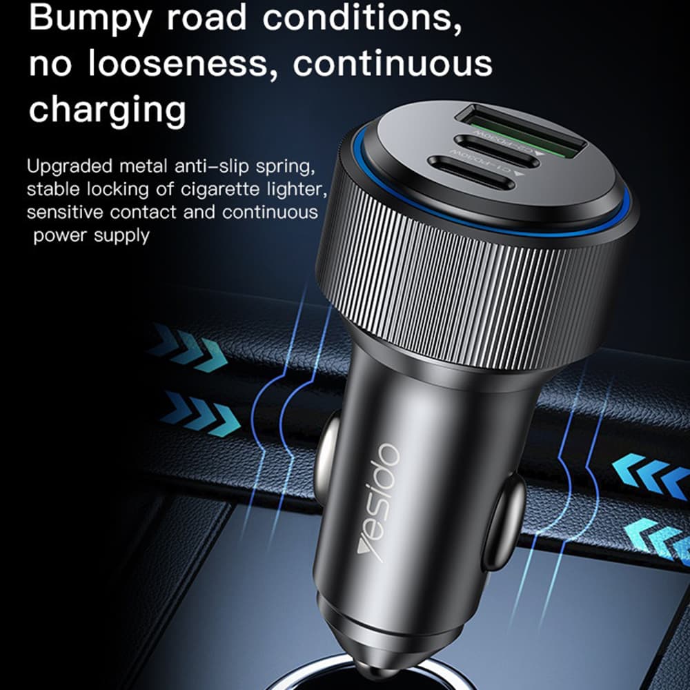 Yesido - Autonabíječka (Y50) - 2x Type-C, USB, Rychlé nabíjení, 60W, LED prstenec, Čip pro kontrolu teploty - Černá - náhled 3