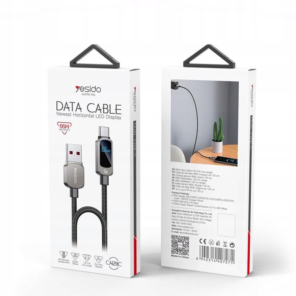 Yesido Data Cable CA128C s LED displejem USB na Type-C rychlé nabíjení 1.2m černá - náhled 3