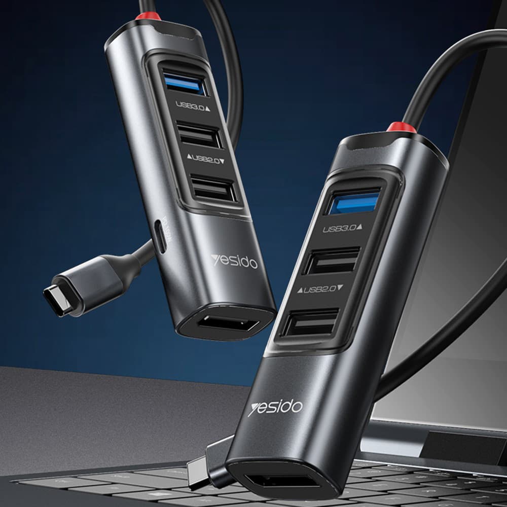 Yesido Docking Station 5v1 HB23 Type-C na 3x USB USB-C DisplayPort PD100W Šedá - náhled 3