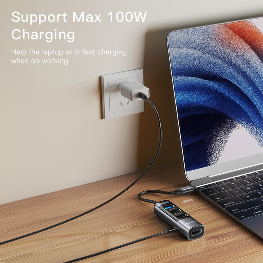 Yesido Docking Station 5v1 HB22 Type-C na 3x USB USB-C HDMI PD100W Šedá - náhled 3
