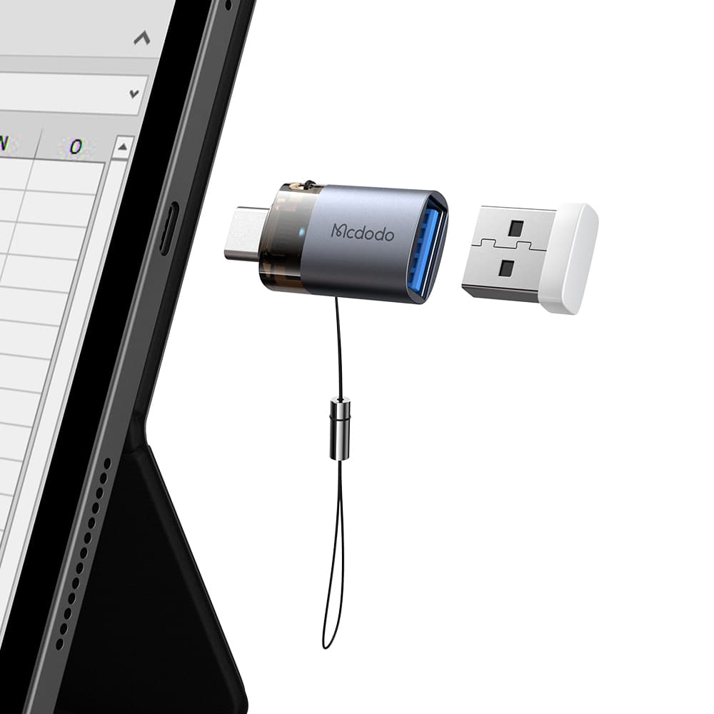 Mcdodo - OTG adaptér (OT-7400) - USB3.0 na Type-C, hliníková slitina, nabíjení a synchronizace dat, 5Gbps, modré světlo, poutko - černá - náhled 3