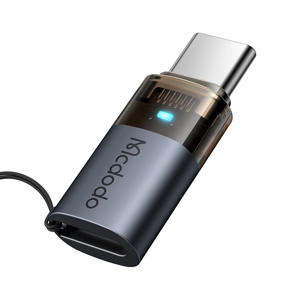 Mcdodo - OTG adaptér (OT-7610) - Lightning na Type-C, hliníková slitina, nabíjení a synchronizace dat, 60W, modré světlo, poutko - černá - náhled 3