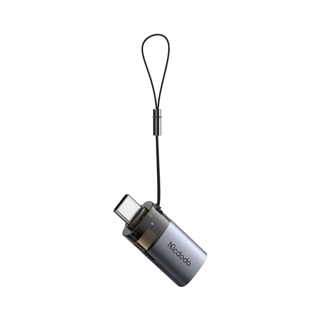 Mcdodo - OTG adaptér 2v1 (OT-7600) - USB na USB-C, vestavěná čtečka karet, nabíjení a data, 5Gbps, modré světlo, poutko - černý - náhled 3