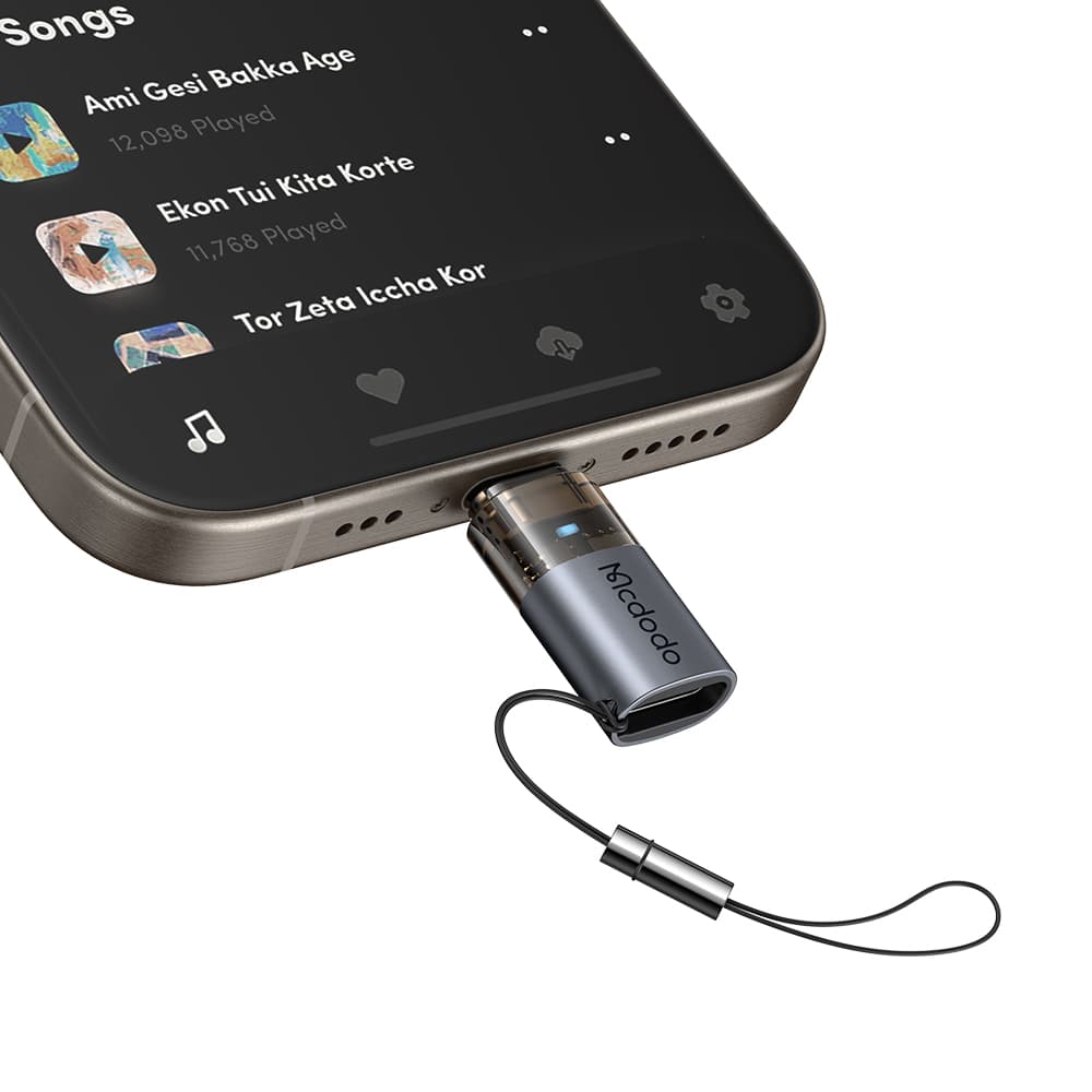 Mcdodo - OTG adaptér (OT-7630) - USB-C na Lightning, hliníková slitina, nabíjení a synchronizace dat, 36W, modré světlo, šňůrka - černá - náhled 3