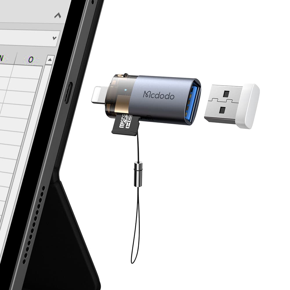 Mcdodo - OTG adaptér (OT-7850) - USB na Lightning, se čtečkou TF karet, rychlý přenos dat, 480 Mb/s, LED, poutko - černý - náhled 3