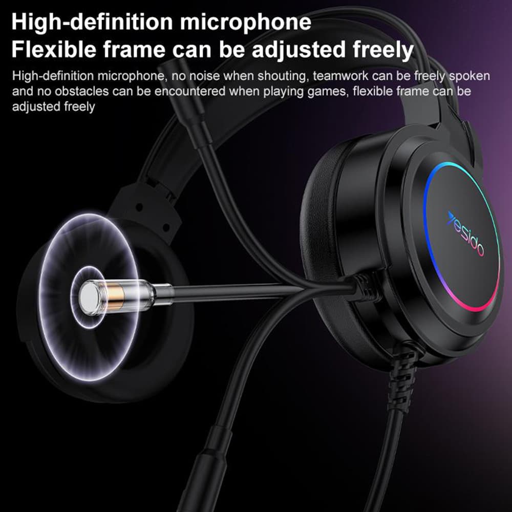 Yesido – kabelová sluchátka (EK05) – pro hraní her, USB, s mikrofonem, RGB LED osvětlením – černá - náhled 3