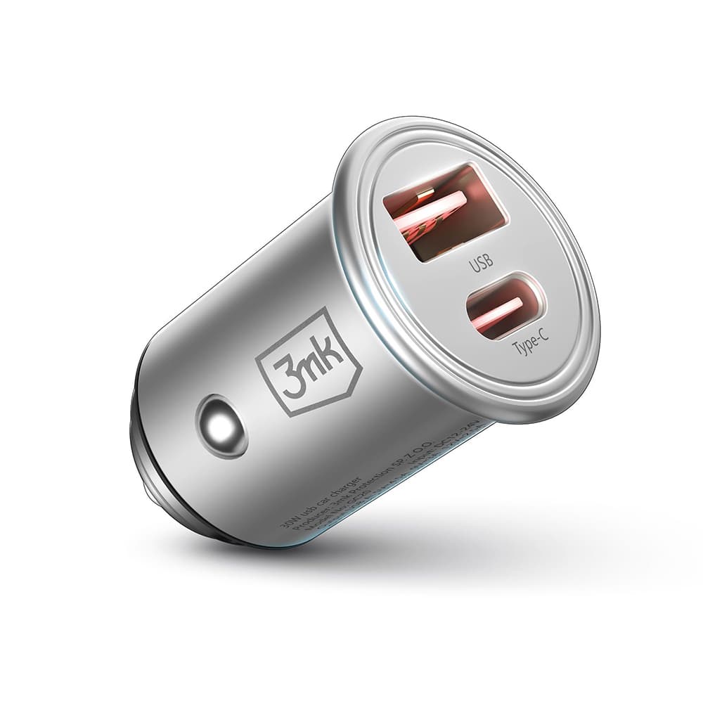 3mk Car Charger Hyper USB-A Type-C 30W odolný hliník stříbrná - náhled 3