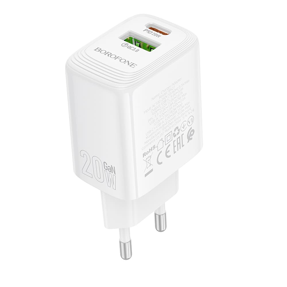 Síťová nabíječka Borofone Fuente BN27 duální USB USB-C PD20W QC3.0 GaN bílá - náhled 3