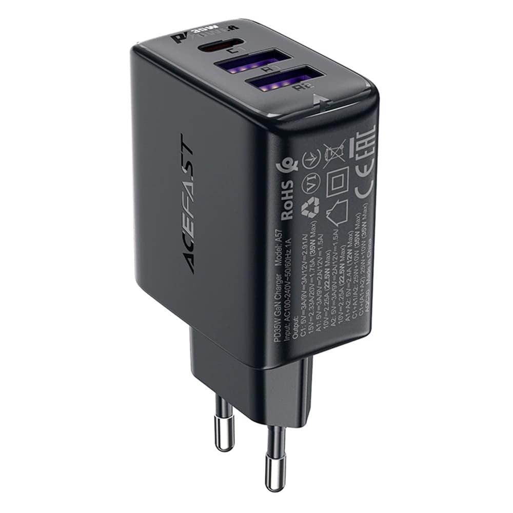 Acefast - Nástěnná nabíječka (A57) GaN Rychlé nabíjení 2x USB Type-C PD35W Smart Chip černá - náhled 3