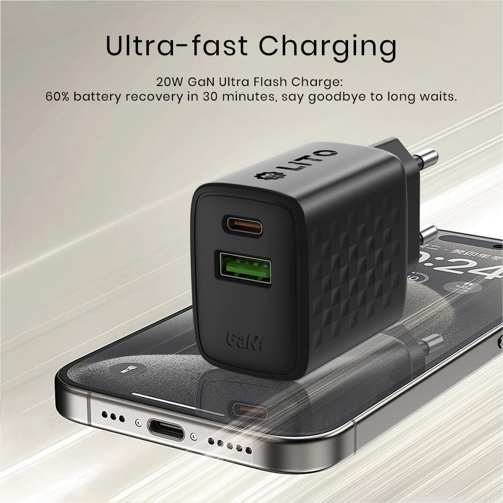 Lito Wall Charger LC15 Type-C USB výstup PD20W GaN PC nehořlavý EU zástrčka černý - náhled 3